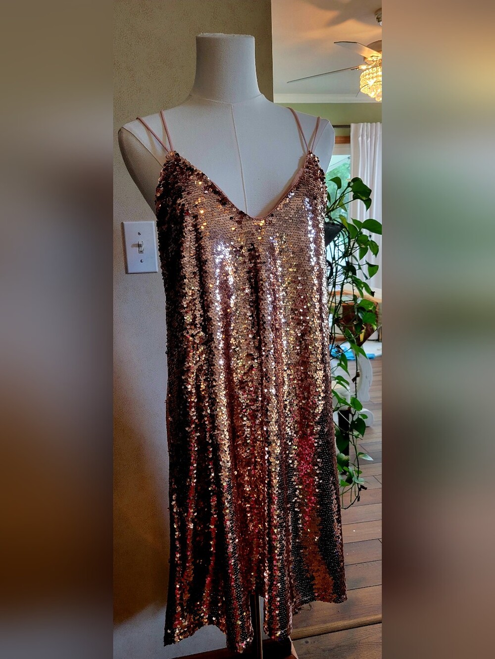 NSR Gold Sequin Strapless Slip Dress with Double Straps